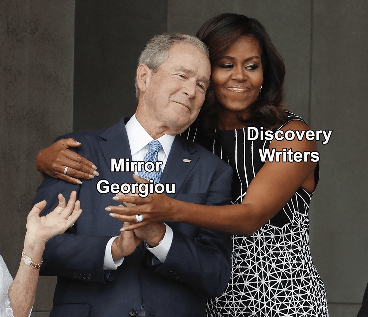 This meme is a photo of former US President George W. Bush and former First Lady Michelle Obama embracing, with the caption "I'm not touching you" from the 2008 film "Tropic Thunder". The meme is humorous because it juxtaposes the warm, affectionate moment between the two public figures with a quote from a movie that is known for its over-the-top, absurd humor.